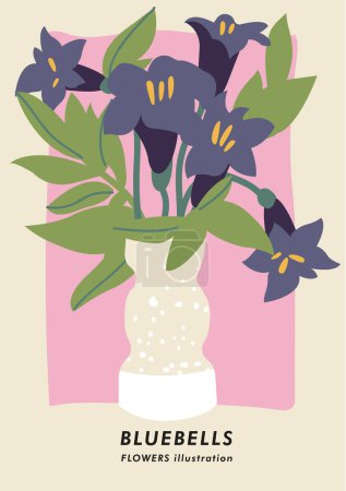 Téléchargez les illustrations : Illustration vectorielle affiche botanique avec fleurs de cloche bleue. Art pour cartes postales, art mural, bannière, fond - en licence libre de droit