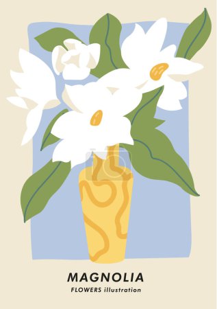 Illustration for Vector illustration botanical poster with magnolia flowers. Art for postcards, wall art, banner, background - Royalty Free Image