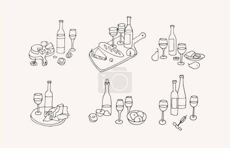 Téléchargez les illustrations : Illustration vectorielle tendance et icônes dans un style linéaire - ensembles de vins avec bouteilles de vin, verres et assiettes avec fromage et fruits - en licence libre de droit