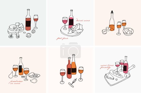 Téléchargez les illustrations : Illustration vectorielle tendance et icônes dans un style linéaire - ensembles de vins avec bouteilles de vin, verres et assiettes avec fromage et fruits - en licence libre de droit