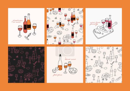 Téléchargez les illustrations : Illustration vectorielle tendance et icônes dans un style linéaire - ensembles de vins avec bouteilles de vin, verres et assiettes avec fromage et fruits. Modèle sans couture - en licence libre de droit