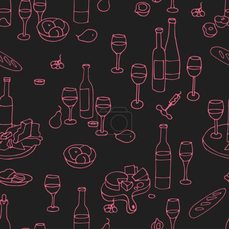 Ilustración de Patrón sin costura vectorial con iconos en estilo lineal: conjuntos de vinos con botellas de vino, vasos y platos con queso y frutas - Imagen libre de derechos