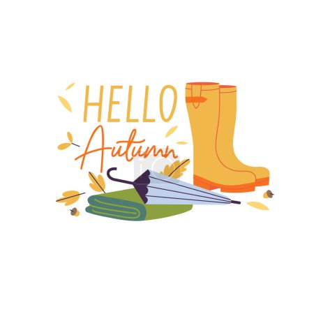 Téléchargez les illustrations : Illustration vectorielleset d'accessoires d'automne bottes en caoutchouc et un parapluie avec une écharpe. Lettrage d'automne - en licence libre de droit