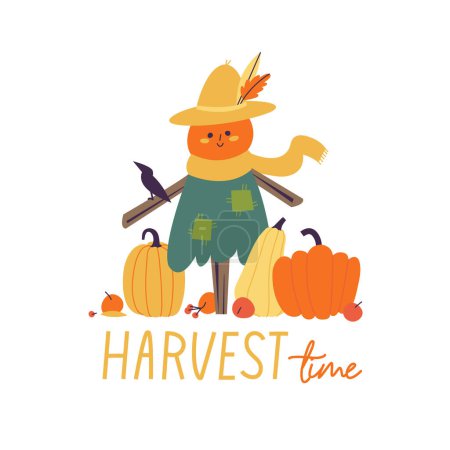 Illustration for Vector illustration with scarecrow and pumpkins and with harvest season lettering. Greeting card - Royalty Free Image