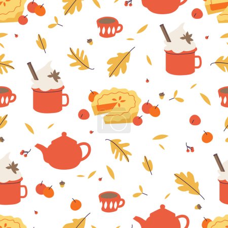 Ilustración de Patrón sin costura vectorial con pastel estacional de otoño y manzanas, follaje. Latte picante en taza roja y tetera - Imagen libre de derechos