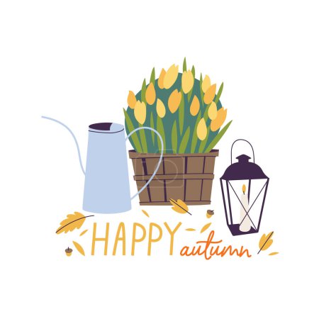 Illustration for Vector illustrationset of autumn accessories - fall flowers, garden watering can and pumkin with candle lantern. Fall lettering - Royalty Free Image