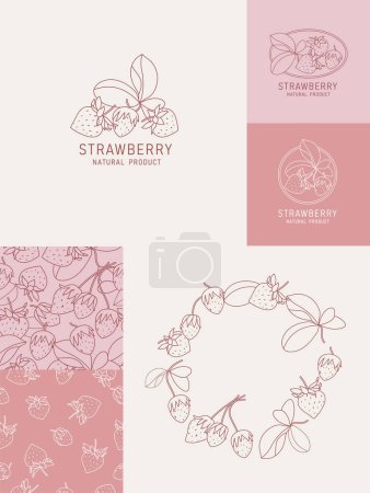 Illustration for Vector illustration strawberry fruits - vintage minimalist style. Logos set composition in retro botanical style. Seamless paattern - Royalty Free Image