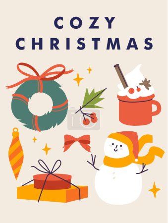 Téléchargez les illustrations : Carte de vœux de Noël vectorielle ou affiche d'invitation de fête. Fond de Noël avec des décorations traditionnelles - en licence libre de droit