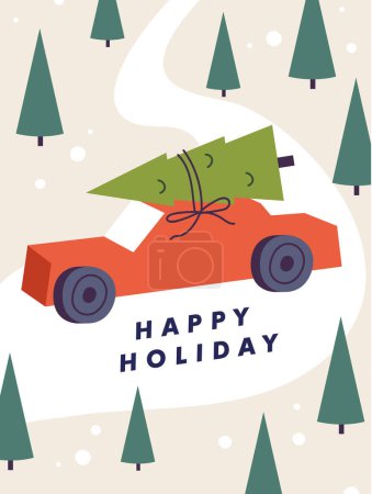 Illustration for Vector Christmas greeting card with red car and Christmas tree on the roof. Xmas background - Royalty Free Image