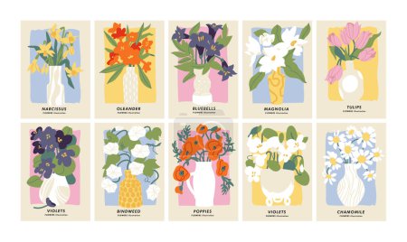 Illustration vectorielle ensemble d'affiches botaniques différentes fleurs. Art pour cartes postales, art mural, bannière, fond