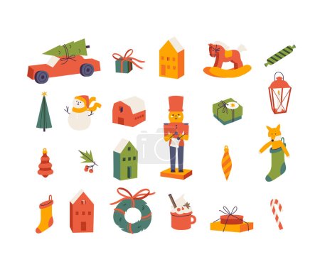 Téléchargez les illustrations : Ensemble vectoriel d'attributs décoratifs traditionnels de Noël. Icônes et symboles de Noël - en licence libre de droit