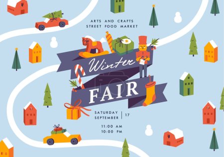 Illustration for Vector winter fair poster, flyer or banner or banner template. Christmas holiday season recreation and public event - Royalty Free Image