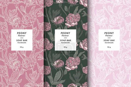 Illustration for Vector set of seamless patterns with peony flowers in vintage style for soap or cosmetics products. Vertical floral card with frame for text - Royalty Free Image