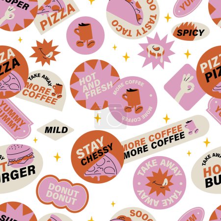 Ilustración de Set vectorial de pegatinas retro de comida rápida. Coloridas insignias de parche para café de comida chatarra. Patrones sin costura - Imagen libre de derechos