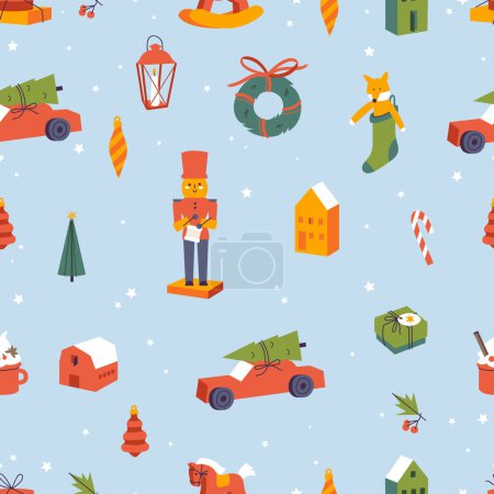 Illustration for Vector seamless pattern with traditional Christmas decorations. Background with xmas attributes - Royalty Free Image