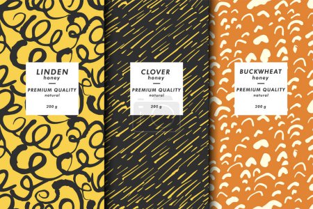 Illustration for Vector illustration set of templates contemporary abstract cover and patterns for honey packaging with labels. Minimal modern backgrounds - Royalty Free Image