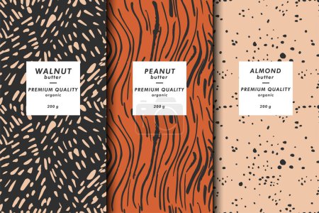 Illustration for Vector illustration set of templates contemporary abstract cover and patterns for nuts butter packaging with labels. Minimal modern backgrounds - Royalty Free Image