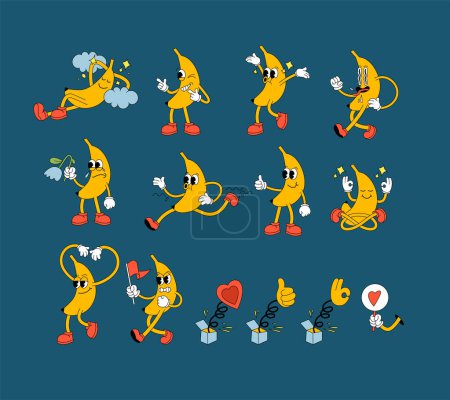 Ilustración de Conjunto de ilustración vectorial de personajes bananeros con diferentes posturas y emociones. Personaje de dibujos animados aislado sobre un fondo blanco - Imagen libre de derechos