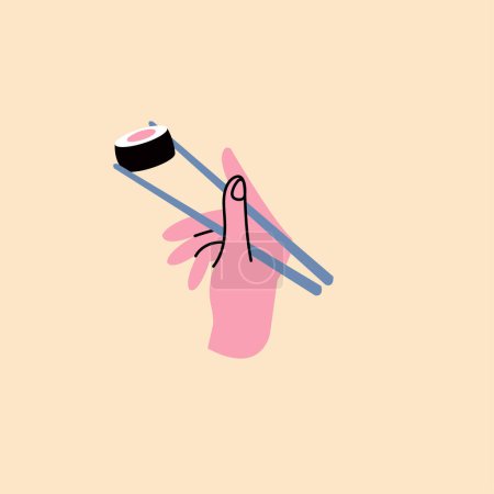Téléchargez les illustrations : Illustration vectorielle de baguettes à main avec rouleau de sushi isolé sur fond blanc - en licence libre de droit