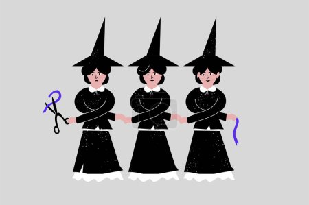 Téléchargez les illustrations : Illustration vectorielle de trois jeunes sorcières avec des chapeaux triangulaires se tenant la main. Rite mystique magique. Costumes Halloween - en licence libre de droit