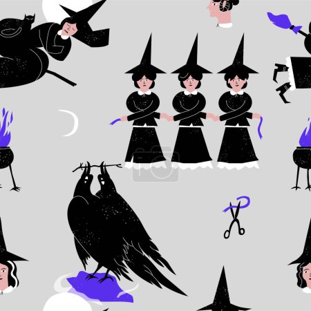 Ilustración de Ilustración vectorial de siluetas de brujas en diferentes poses y haciendo ritos mágicos místicos, gato negro y cuervo. Patrón sin costura de Halloween - Imagen libre de derechos