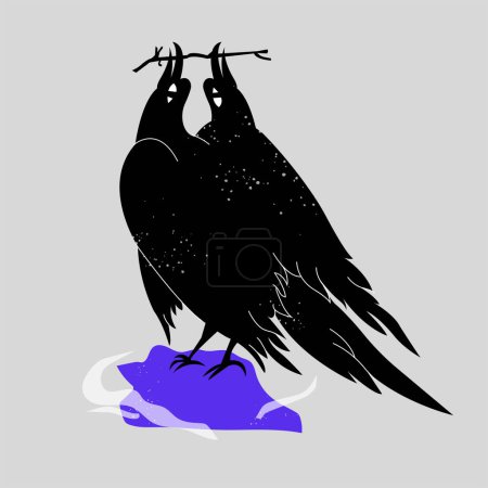Téléchargez les illustrations : Illustration vectorielle du corbeau silhouette à deux têtes. Concept Halloween - en licence libre de droit