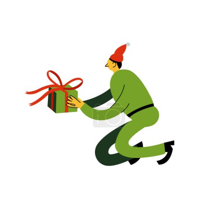 Téléchargez les illustrations : Illustration vectorielle Elfe de Noël tenant un paquet cadeau isolé sur fond blanc - en licence libre de droit