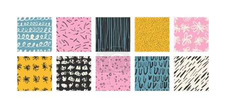 Illustration for Vector illustration set of abstract backgrounds or seamless patterns. Contemporary minimal modern trendy doodle. Naive art. - Royalty Free Image