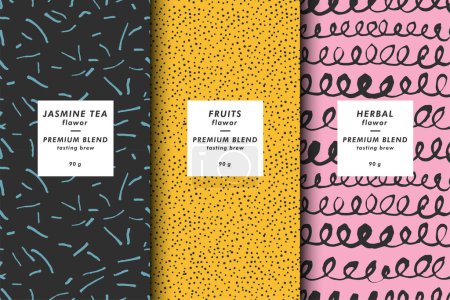 Illustration for Wrapping paper template. Vector set of design elements and icons. Linear style for tea package - gray and green tea. Seamless pattern - Royalty Free Image