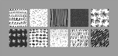 Téléchargez les illustrations : Vector illustration set of abstract backgrounds or seamless patterns. Contemporary minimal modern trendy doodle. Naive art. - en licence libre de droit