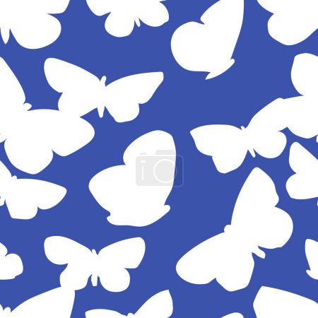 Téléchargez les illustrations : Illustration vectorielle avec des papillons volants. Fond d'été avec silhouette papillons. Modèle sans couture - en licence libre de droit