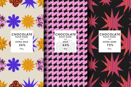 Téléchargez les illustrations : Illustration vectorielle ensemble de modèles couverture géométrique contemporaine et des motifs pour le chocolat et le cacao emballage avec étiquettes. Minimal milieux modernes - en licence libre de droit
