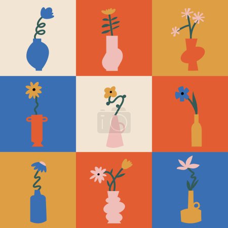 Illustration for Vector illustration set of ink floral posters with different flowers and vases. Art for prints, wall art, banner, and background - Royalty Free Image