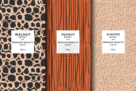 Illustration for Vector illustration set of templates contemporary abstract cover and patterns for nuts butter packaging with labels. Minimal modern backgrounds - Royalty Free Image