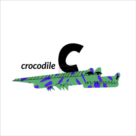 Téléchargez les illustrations : Illustration vectorielle avec crocodile et lettre majuscule anglaise C. alphabet enfantin pour l'apprentissage des langues - en licence libre de droit