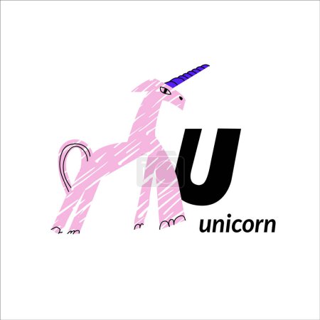 Illustration for Vector illustration with unicorn horse and English capital letter U. childish alphabet for language learning - Royalty Free Image