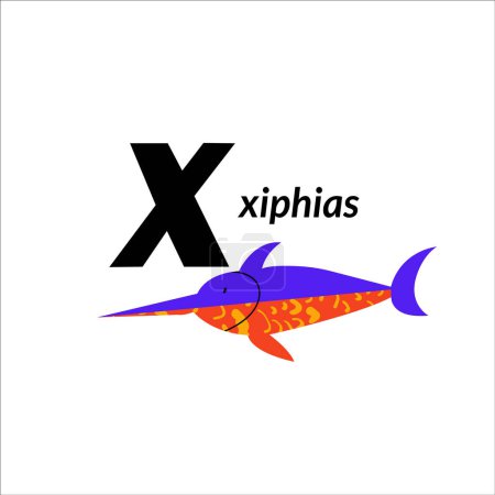 Vektorillustration mit xiphias Fisch und englischem Großbuchstaben X. kindisches Alphabet zum Spracherwerb