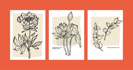 Téléchargez les illustrations : Illustration vectorielle set d'affiches florales à l'encre avec différentes fleurs et vases. Art pour gravures, art mural, bannière et fond - en licence libre de droit