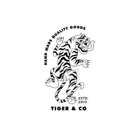 Ilustración de Logo lineal vectorial con tigre andante e ilustraciones de cabeza de tigre. Plantilla signo y símbolo - Imagen libre de derechos
