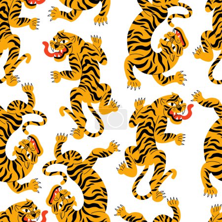 Téléchargez les illustrations : Ensemble d'illustration vectorielle avec tigre marchant et tête de tigre. Caractère animal de bande dessinée. Modèle sans couture - en licence libre de droit