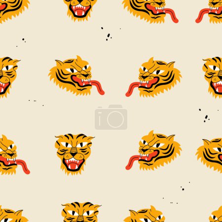 Ilustración de Juego de ilustración vectorial con tigre andante y cabeza de tigre. Personaje animal de dibujos animados. Patrón sin costura - Imagen libre de derechos