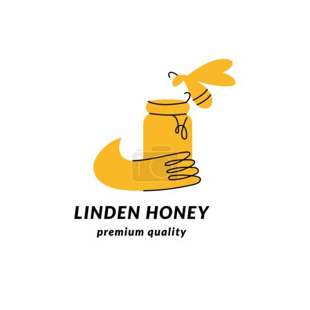 Téléchargez les illustrations : Illustration vectorielle logo et modèle ou badge design. Label miel bio et écologique avec abeilles. Style linéaire - en licence libre de droit
