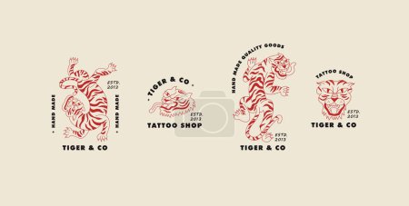 Illustration for Vector set linear logos with walking tiger and head of tiger illustrations. Template sign and symbol - Royalty Free Image