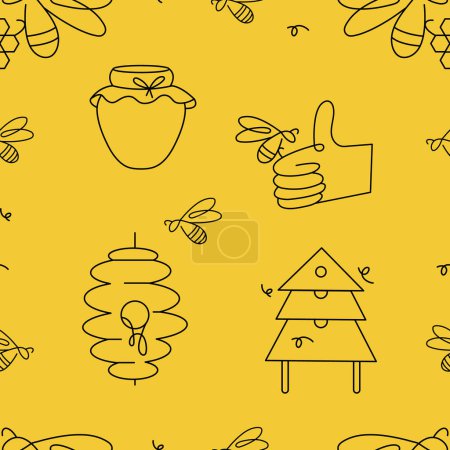 Illustration for Seamless patterns with bees. Pattern for honey package. Linear ornamental background - Royalty Free Image