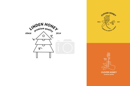 Ilustración de Logotipos de ilustración de conjuntos vectoriales y plantillas o insignias de diseño. Etiquetas y etiquetas de miel ecológica y ecológica con abejas. Estilo lineal - Imagen libre de derechos