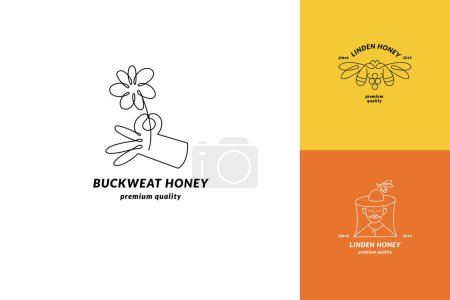 Logotipos de ilustración de conjuntos vectoriales y plantillas o insignias de diseño. Etiquetas y etiquetas de miel ecológica y ecológica con abejas. Estilo lineal