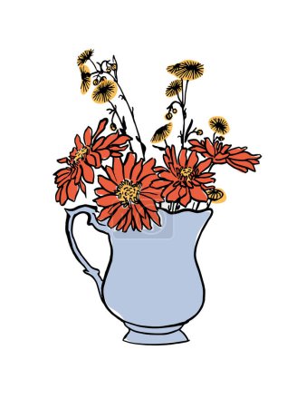 Téléchargez les illustrations : Illustration vectorielle - croquis coloré avec des fleurs de marguerite et de camomille dans un vase. Art pour gravures, art mural, bannière, fond - en licence libre de droit