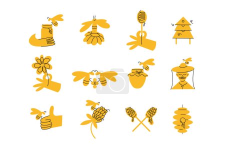 Plantillas de diseño vectorial insignias. Etiquetas y etiquetas de miel ecológica y ecológica con abejas. Estilo lineal