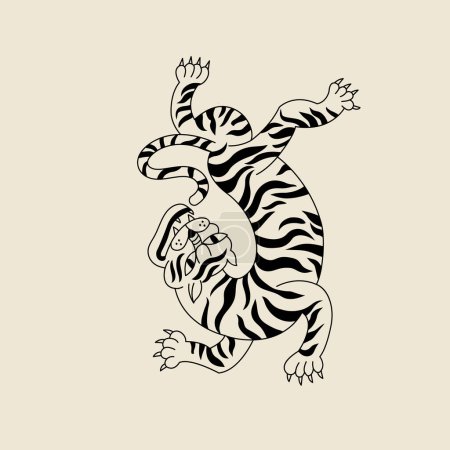 Illustration for Vector line illustration tiger walking. Cartoon animal character. Ideal for print - Royalty Free Image