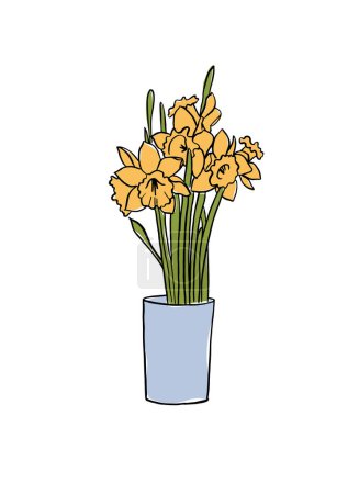Ilustración de Ilustración vectorial - bosquejo colorido con flores narcisas en jarrón. Arte para impresiones, arte mural, banner, fondo - Imagen libre de derechos